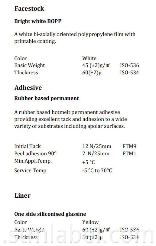 Ha18qe2727 Bright White Bopp Tc Rubber Based Permanent Yellow Glassine
